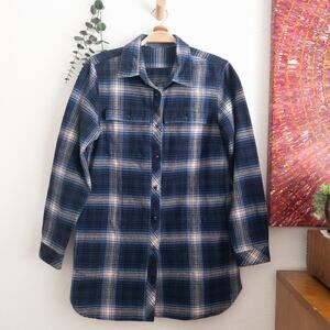 L.L. Bean Navy and Cream Checkered Blouse